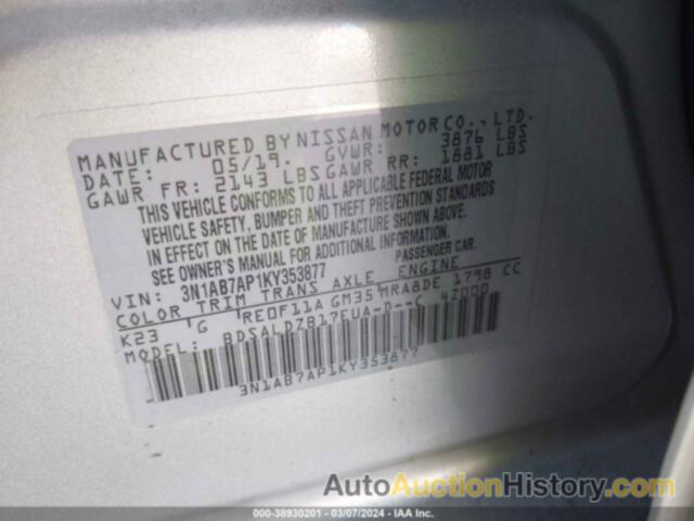 NISSAN SENTRA SV, 3N1AB7AP1KY353877