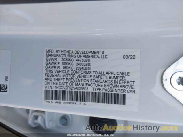 HONDA ACCORD TOURING, 1HGCV2F92NA005803