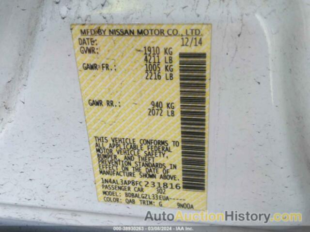 NISSAN ALTIMA 2.5/S/SV/SL, 1N4AL3AP8FC231816