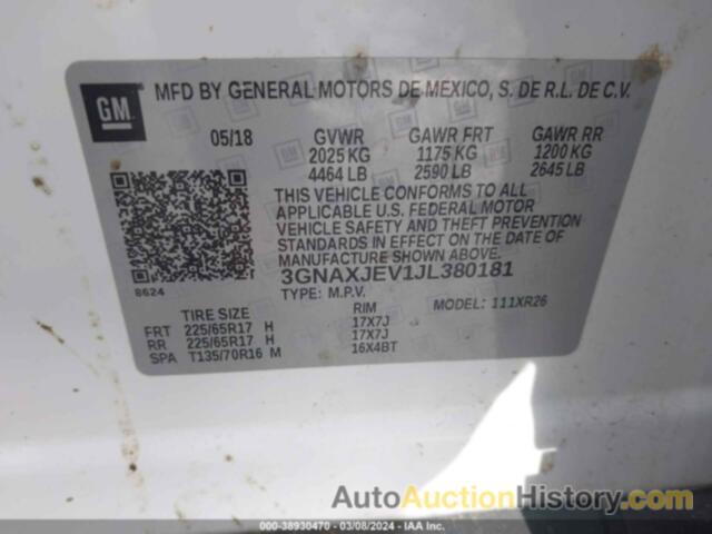 CHEVROLET EQUINOX LT, 3GNAXJEV1JL380181