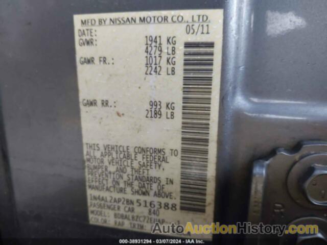 NISSAN ALTIMA 2.5 S, 1N4AL2AP2BN516388