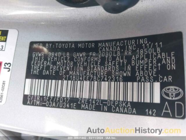 TOYOTA COROLLA S, 2T1BU4EE7BC742316