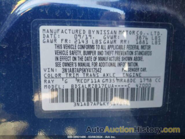 NISSAN SENTRA SR, 3N1AB7AP6KY417542