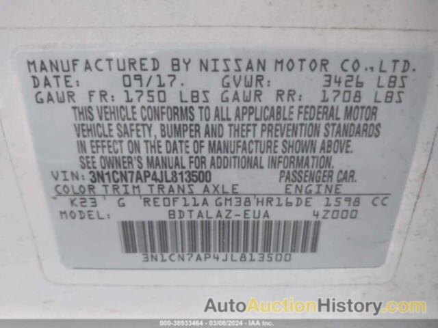 NISSAN VERSA S/S PLUS/SV/SL, 3N1CN7AP4JL813500