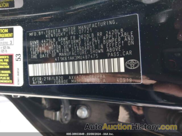 TOYOTA CAMRY XSE, 4T1K61AK3MU487475