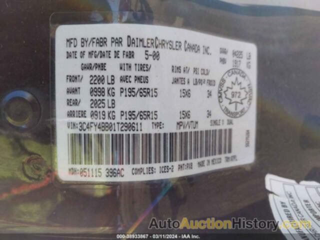 CHRYSLER PT CRUISER, 3C4FY4BB01T290611