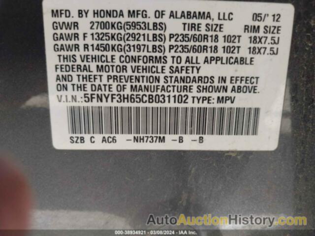 HONDA PILOT EX-L, 5FNYF3H65CB031102