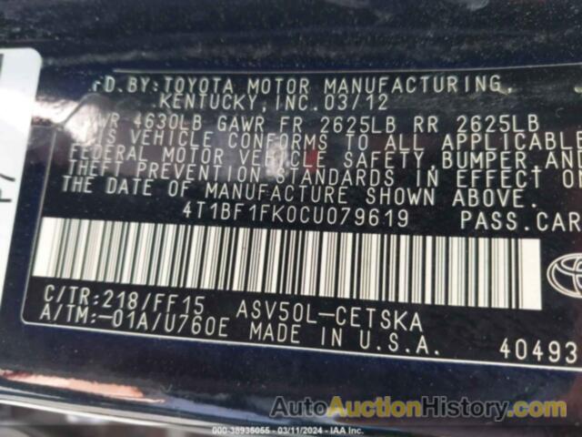 TOYOTA CAMRY SE/LE/XLE, 4T1BF1FK0CU079619