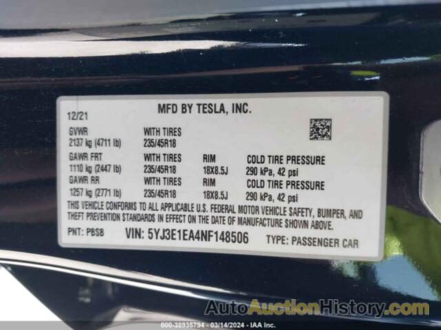 TESLA MODEL 3 REAR-WHEEL DRIVE, 5YJ3E1EA4NF148506