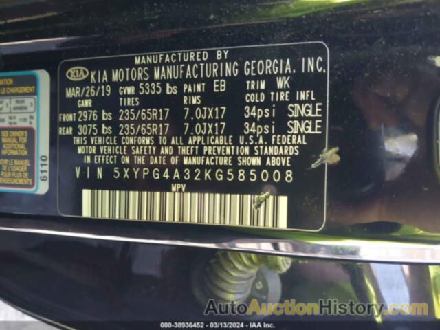 KIA SORENTO 2.4L L, 5XYPG4A32KG585008