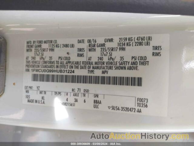 FORD ESCAPE SE, 1FMCU0G99HUB31224