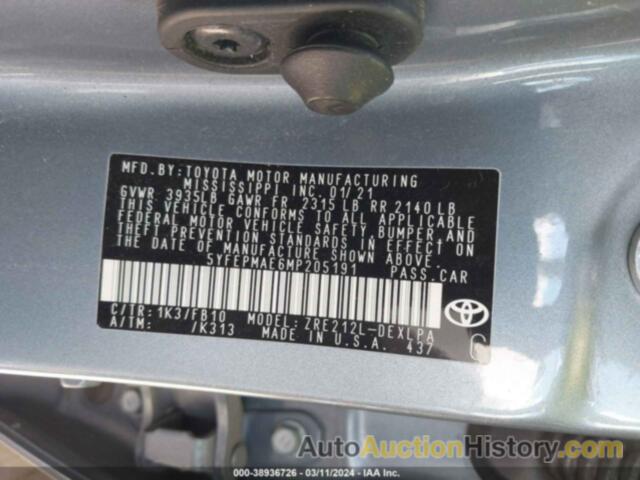 TOYOTA COROLLA LE, 5YFEPMAE6MP205191