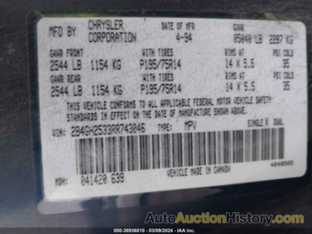 DODGE CARAVAN, 2B4GH2533RR743046