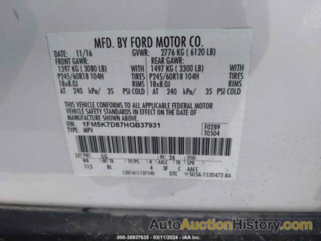 FORD EXPLORER XLT, 1FM5K7D87HGB37931