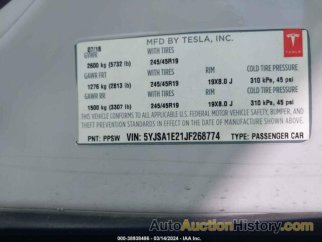 TESLA MODEL S 100D/75D/P100D, 5YJSA1E21JF268774