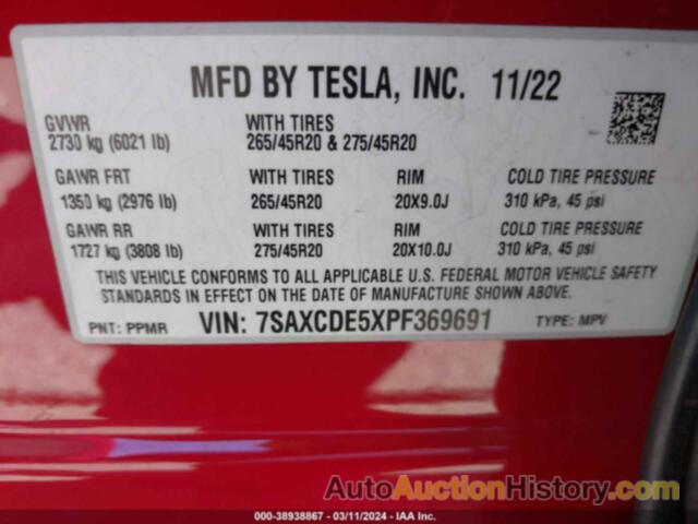 TESLA MODEL X DUAL MOTOR ALL-WHEEL DRIVE/STANDARD RANGE, 7SAXCDE5XPF369691