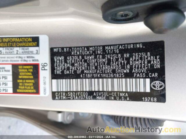 TOYOTA CAMRY LE/XLE/SE/XSE, 4T1BF1FK1HU361825