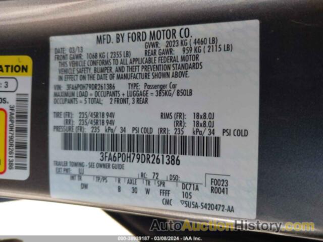 FORD FUSION SE, 3FA6P0H79DR261386