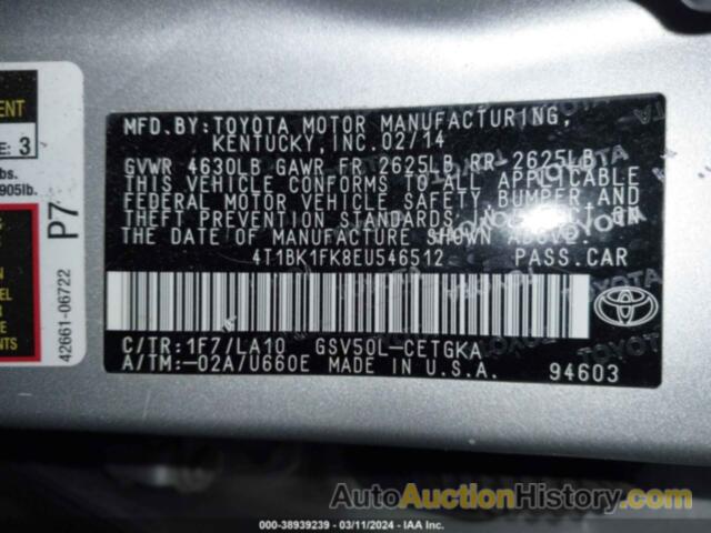 TOYOTA CAMRY XLE V6, 4T1BK1FK8EU546512