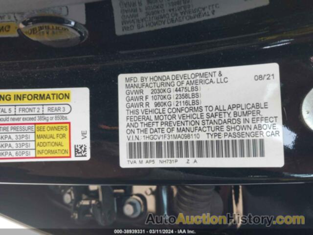 HONDA ACCORD SPORT, 1HGCV1F31MA098110