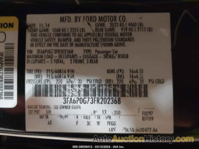 FORD FUSION S, 3FA6P0G73FR202368