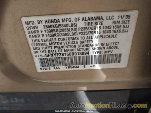 HONDA PILOT LX, 5FNYF28166B018894