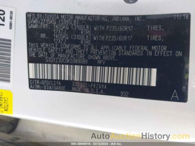 TOYOTA SIENNA XLE 8 PASSENGER, 5TDYZ3DC0KS989089