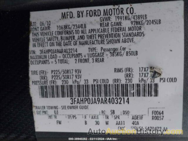 FORD FUSION SEL, 3FAHP0JA9AR403214