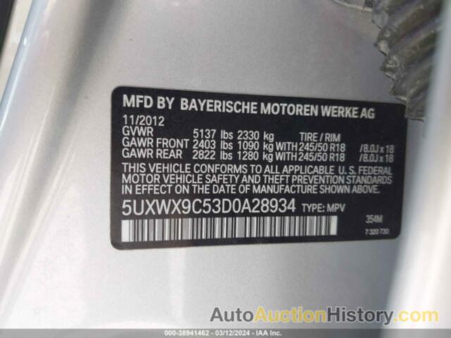 BMW X3 XDRIVE28I, 5UXWX9C53D0A28934