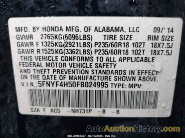 HONDA PILOT EX-L, 5FNYF4H50FB024995