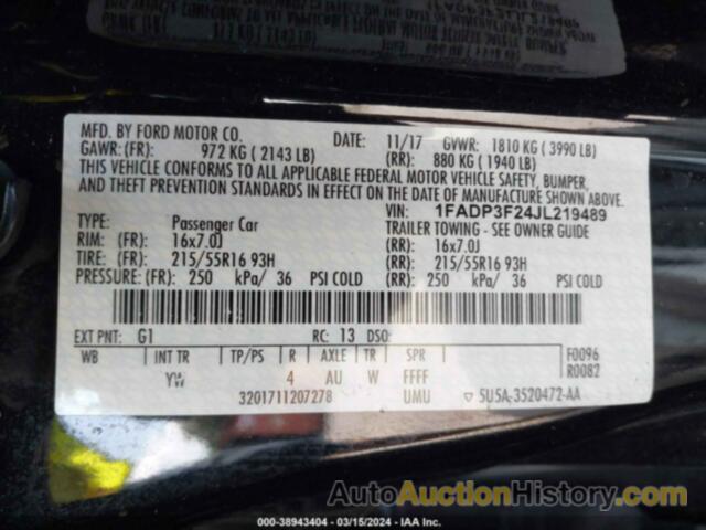 FORD FOCUS SE, 1FADP3F24JL219489