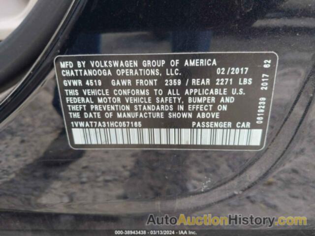 VOLKSWAGEN PASSAT S, 1VWAT7A31HC057165