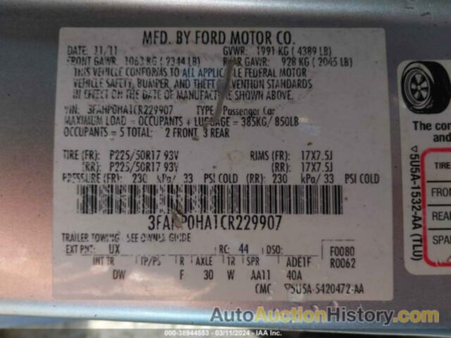 FORD FUSION SE, 3FAHP0HA1CR229907