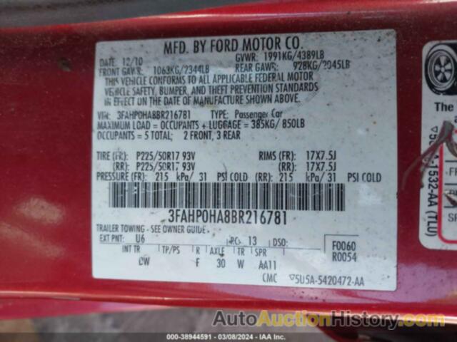 FORD FUSION SE, 3FAHP0HA8BR216781