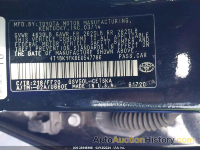 TOYOTA CAMRY SE V6, 4T1BK1FK6EU547786