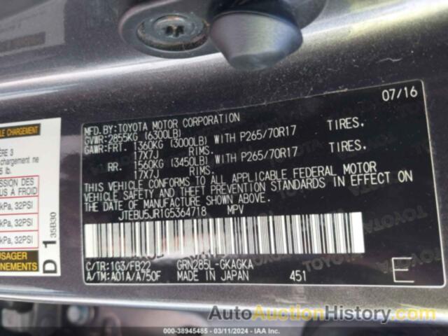 TOYOTA 4RUNNER SR5 PREM/LTDL/TRAIL/TRD, JTEBU5JR1G5364718