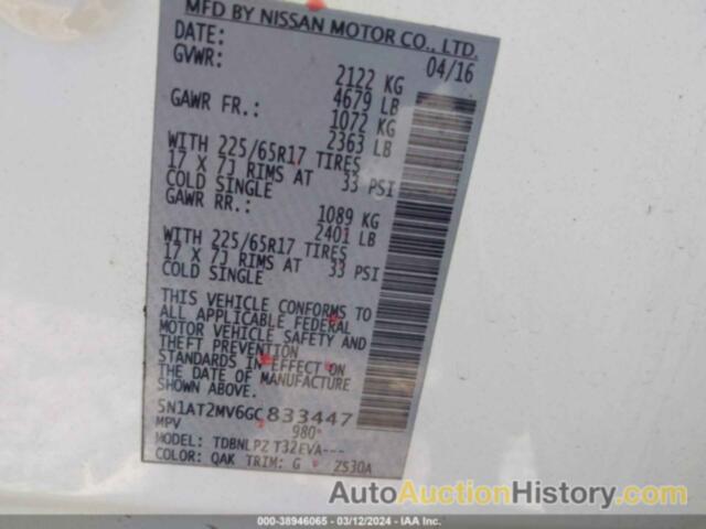 NISSAN ROGUE S/SL/SV, 5N1AT2MV6GC833447