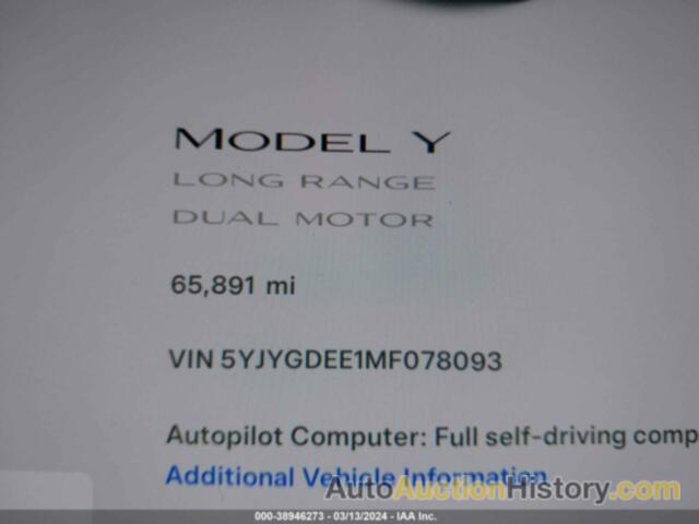 TESLA MODEL Y LONG RANGE DUAL MOTOR ALL-WHEEL DRIVE, 5YJYGDEE1MF078093