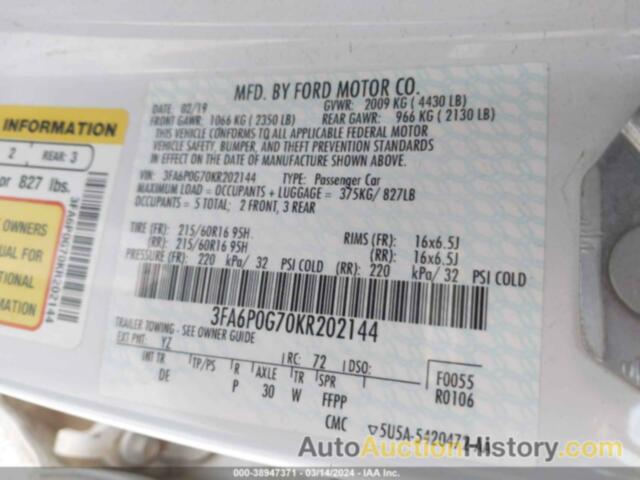 FORD FUSION S, 3FA6P0G70KR202144
