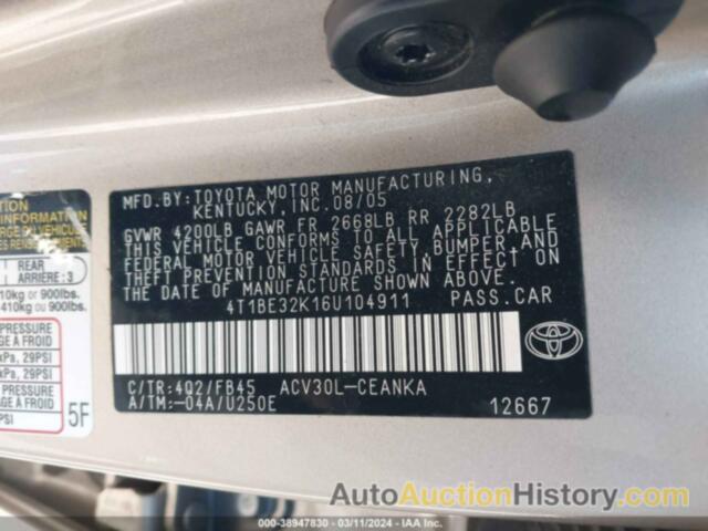 TOYOTA CAMRY LE, 4T1BE32K16U104911