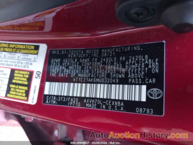 TOYOTA CAMRY LE HYBRID, 4T1C31AK6MU032049