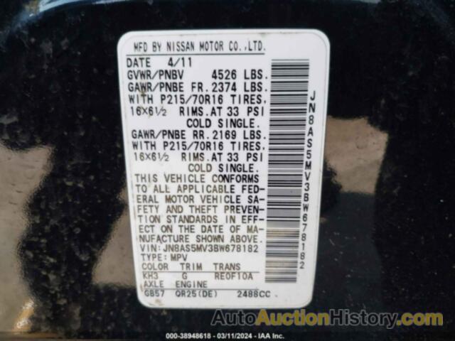 NISSAN ROGUE S, JN8AS5MV3BW678182