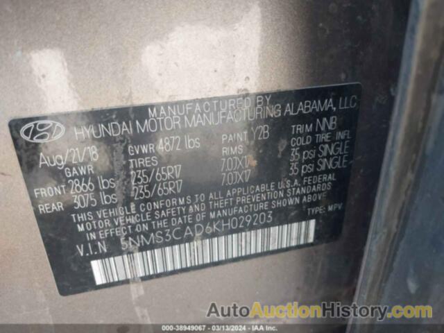 HYUNDAI SANTA FE SEL, 5NMS3CAD6KH029203