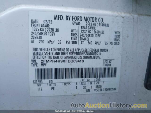 FORD EDGE TITANIUM, 2FMPK4K9XFBB09418