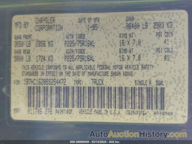 DODGE RAM, 1B7HC1678SS254472