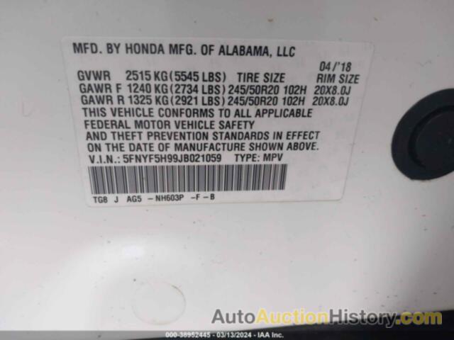 HONDA PILOT TOURING, 5FNYF5H99JB021059