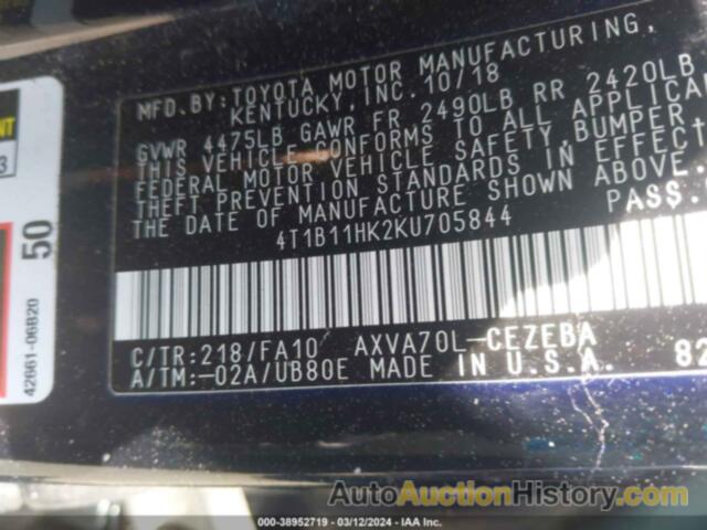 TOYOTA CAMRY L/LE/XLE/SE/XSE, 4T1B11HK2KU705844