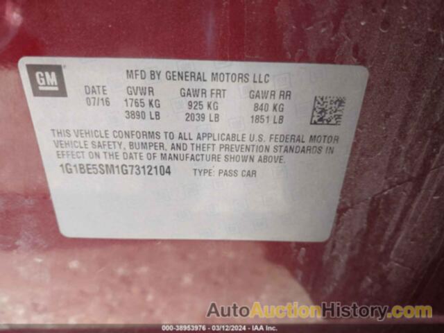 CHEVROLET CRUZE LT AUTO, 1G1BE5SM1G7312104