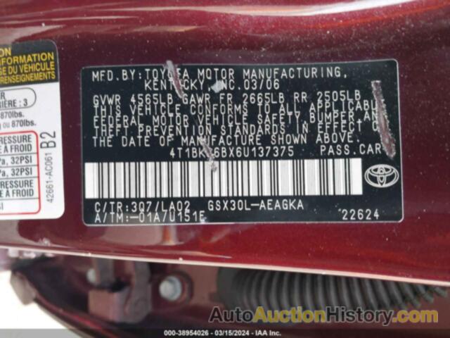 TOYOTA AVALON XLS, 4T1BK36BX6U137375