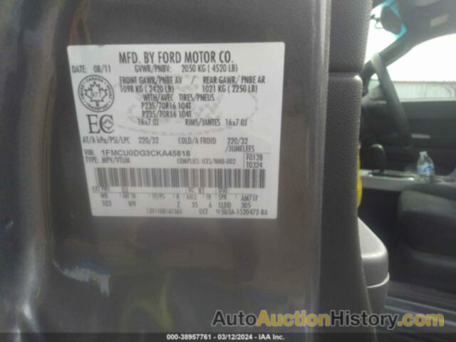 FORD ESCAPE XLT, 1FMCU0DG3CKA45818